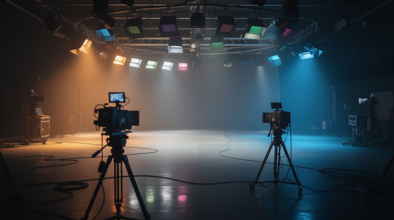 Dark television studio lit by colored gel lighting and an overhead grid
