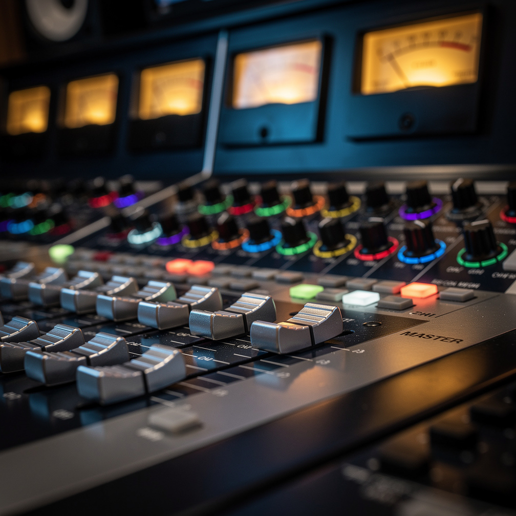 Audio mixing console with illuminated faders and knobs