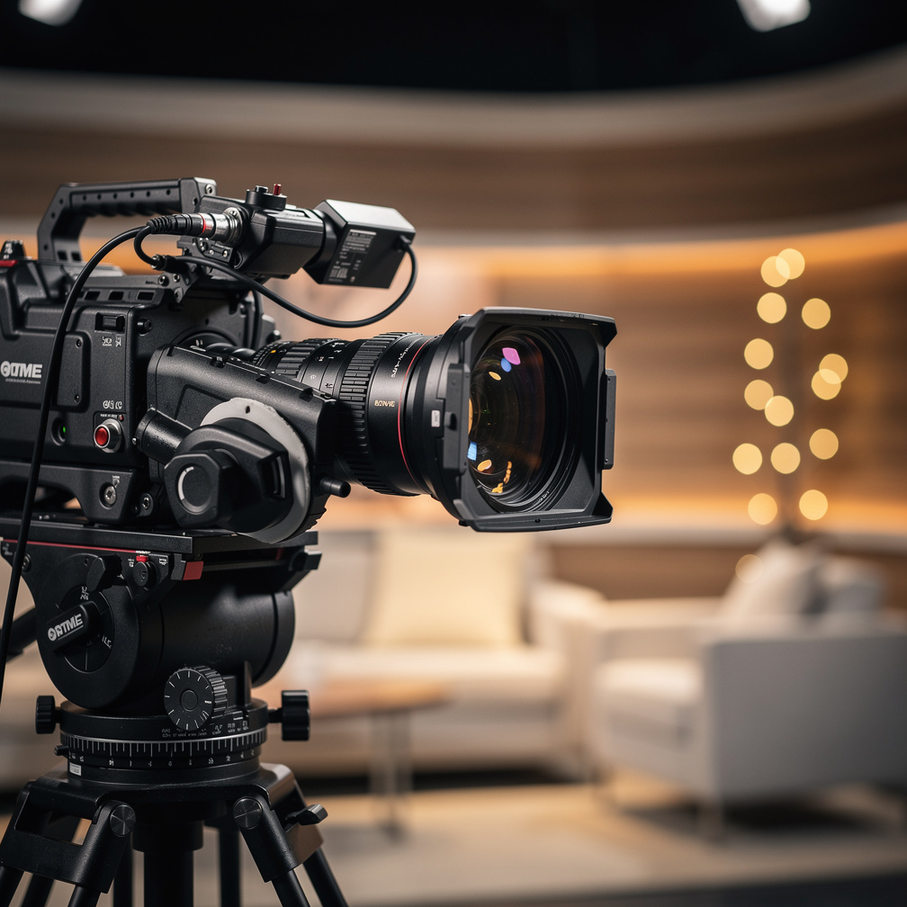 Professional broadcast camera mounted on a pedestal on a TV set