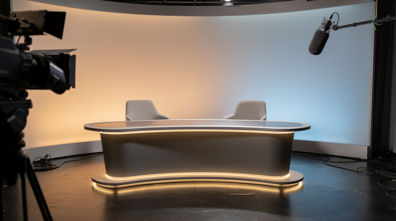 Wide view of a television studio set with desk and backdrop